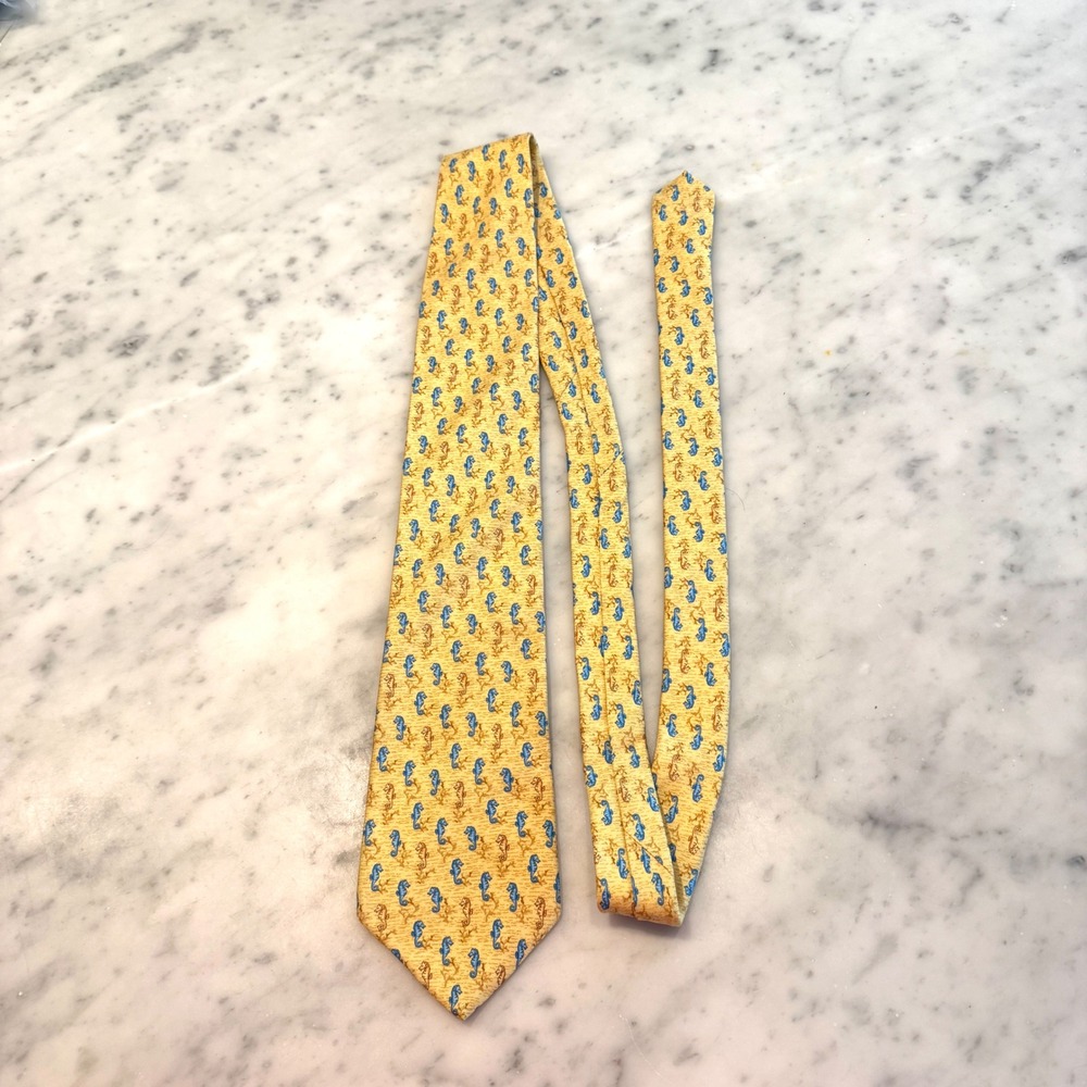 Ferrell Reed Mens Silk Seahorse Print Tie Yellow Blue Nautical Hand Tailored USA